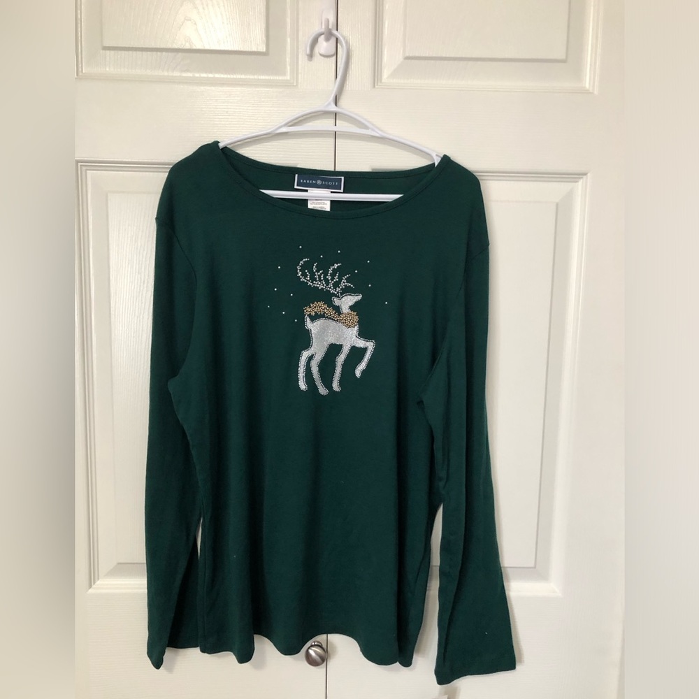 Karen Scott Green Long-Sleeve Sweatshirt with Beaded Reindeer